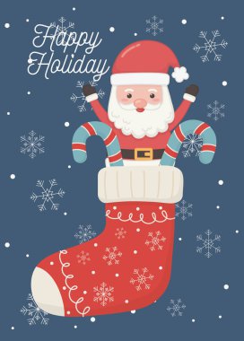 Çorapta Noel Baba ve baston şekerler Mutlu bayram kartları