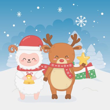Mutlu noel kartları Koyun ve geyiklerle