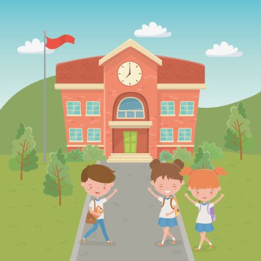 school building with kids in the landscape scene