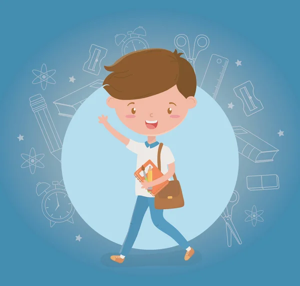 Pequeño estudiante con útiles escolares — Vector de stock