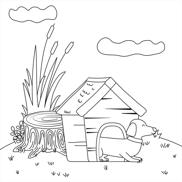 Desenhos animados do cão dentro do projeto da casa — Vetor de Stock