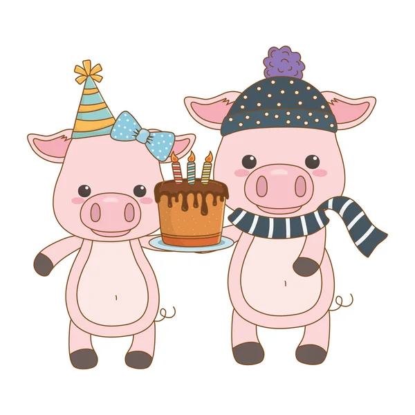 Zwierzęta bajki z szczęśliwy tort urodzinowy projekt — Wektor stockowy