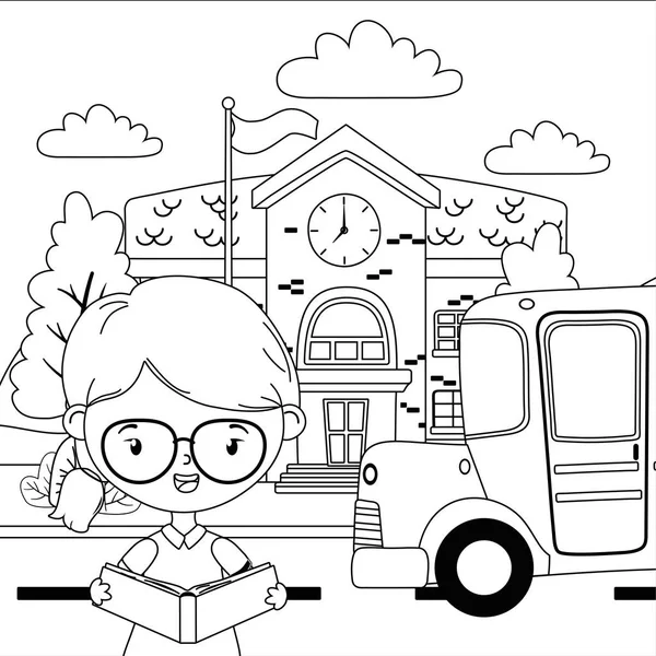 Iskolaépület busz és lány rajzfilm tervezés — Stock Vector