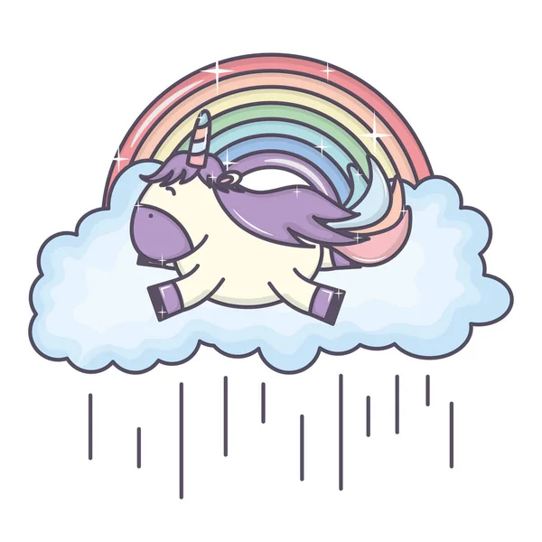 Cute adorable unicorn with clouds rainy and rainbow — Stock Vector