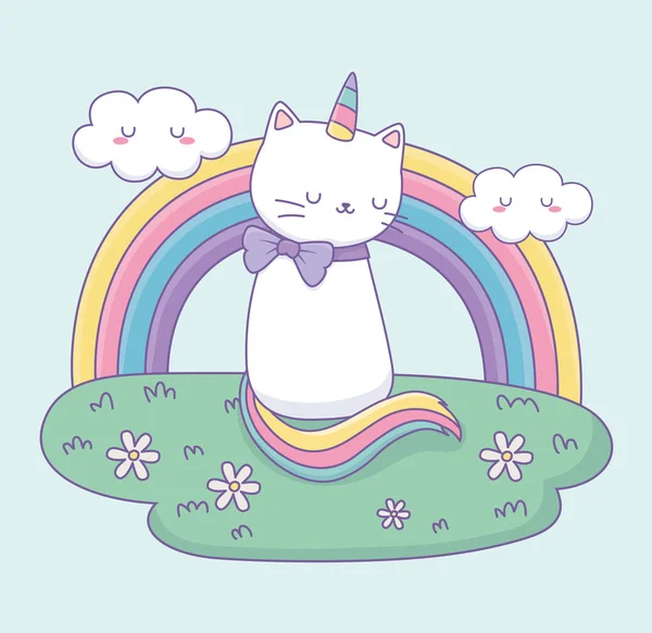 Niedliche Katze mit Regenbogenschwanz im Camp-Kawaii-Charakter — Stockvektor