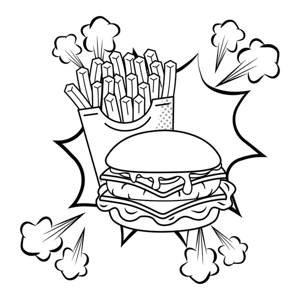 Hamburger and french fries black and white — Stock Vector