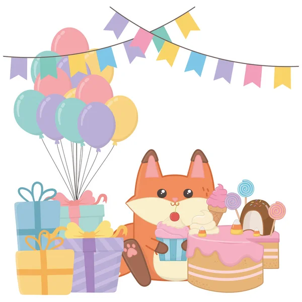 Kawaii zorro con feliz diseño de tarta de cumpleaños. — Vector de stock