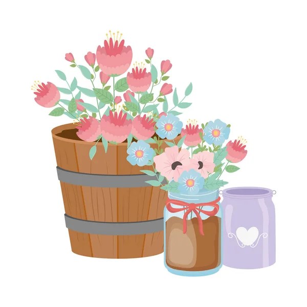 Flowers and leaves inside pots vector design — Archivo Imágenes Vectoriales
