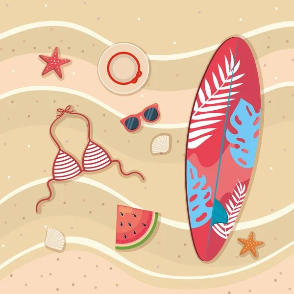 Surfboard with bra swimsuit and watermelon with hat — Stockvektor