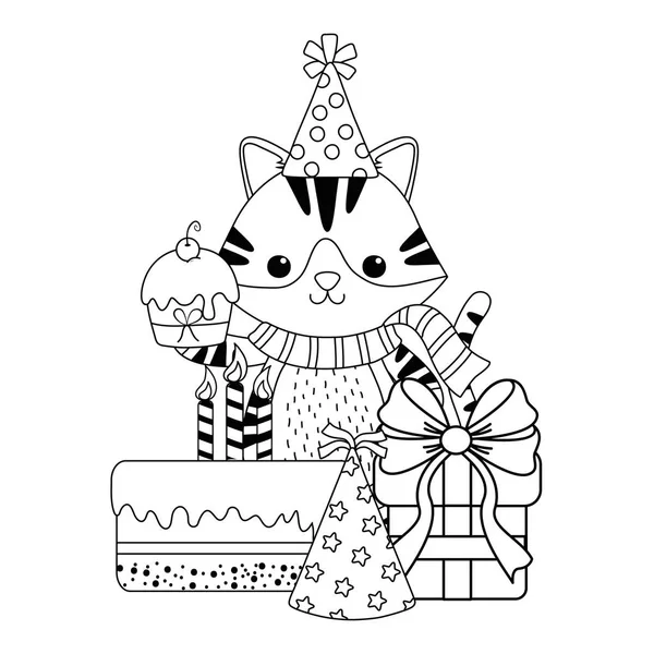 Katzen-Cartoon mit Happy Birthday Icon Design — Stockvektor