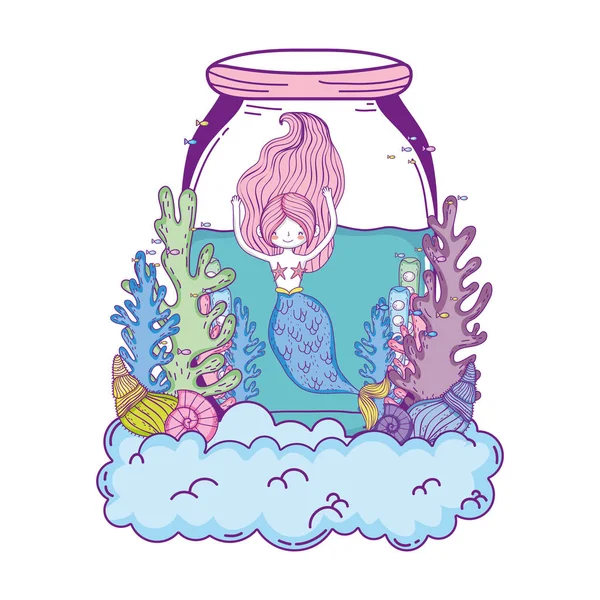 Schöne Meerjungfrau im Einmachglas mit Algen — Stockvektor