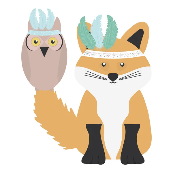 Owl bird and fox with feathers hats bohemian style — 图库矢量图片