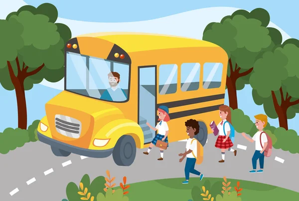 Σχολικό λεωφορείο με κορίτσια και αγόρια μαθητές με σακίδιο πλάτης — Διανυσματικό Αρχείο