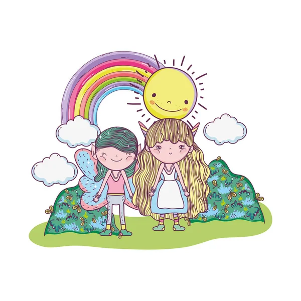 Милые маленькие феи пара с радугой и солнцем — стоковый вектор