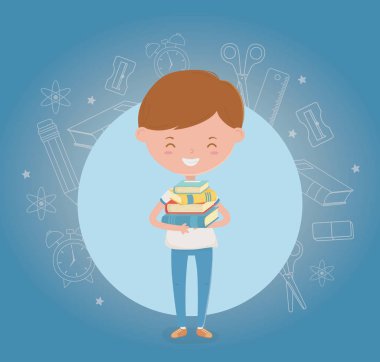 küçük öğrenci çocuk okul malzemeleri ile