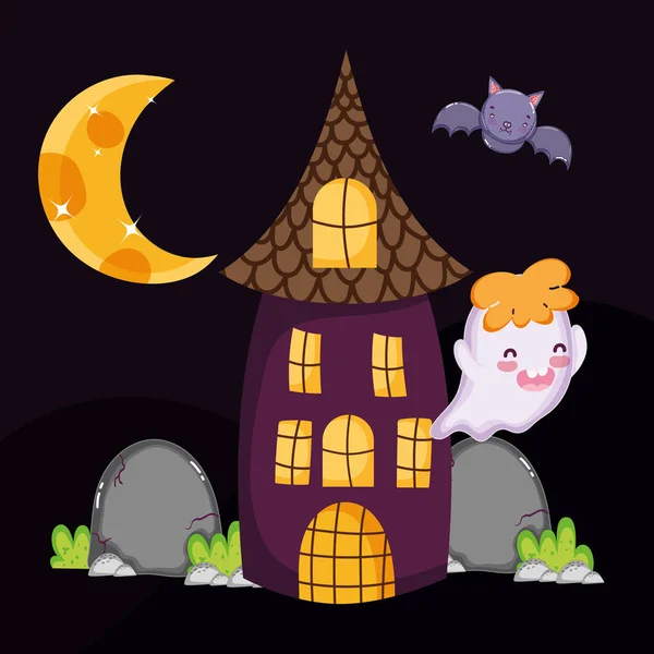 Bonito fantasma morcego casa halloween — Vetor de Stock