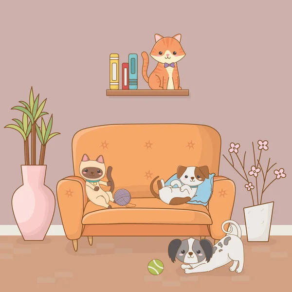 Petites mascottes de chiens et de chats dans la pièce de la maison — Image vectorielle