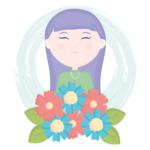 Linda niña con carácter ramo de flores — Vector de stock