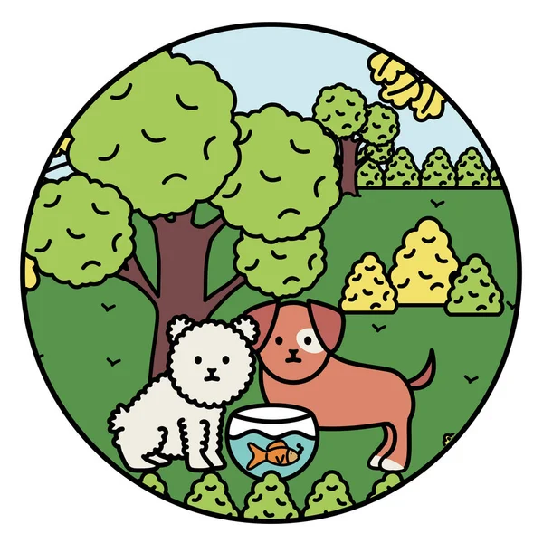 Piccoli cani adorabili mascotte nel paesaggio — Vettoriale Stock