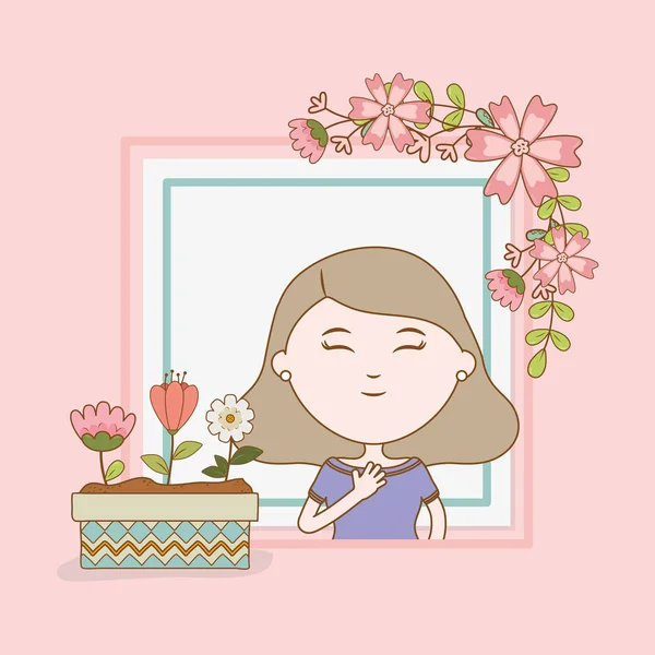 Marco feliz de flores femeninas y dibujos animados florales. — Vector de stock