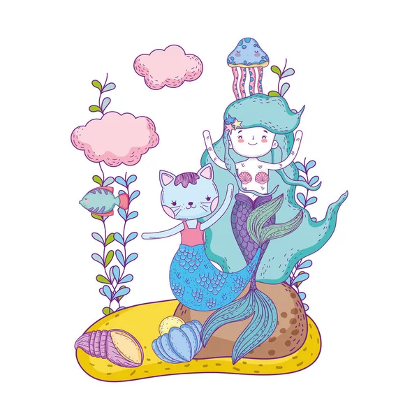 Purrmaid lucu dan adegan bawah laut putri duyung - Stok Vektor