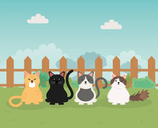 Gatos y perros sentados en el parque cuidado de mascotas — Vector de stock