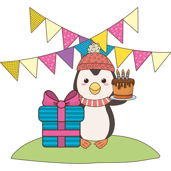 Pinguin-Cartoon mit Happy Birthday Icon Design — Stockvektor