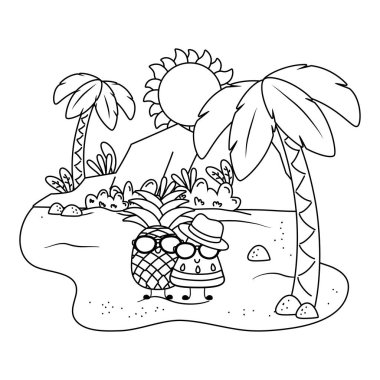 Yaz ve plaj sevimli karikatürler siyah beyaz