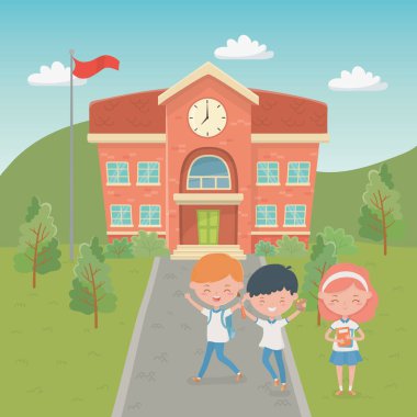 school building with kids in the landscape scene