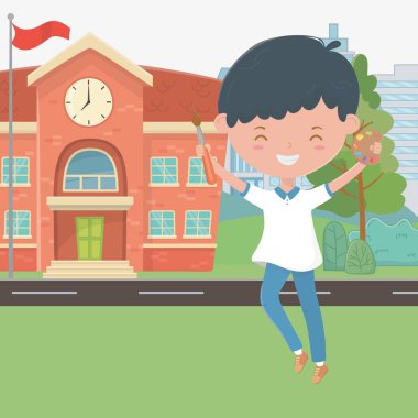 Okul binası ve çocuk karikatür tasarımı