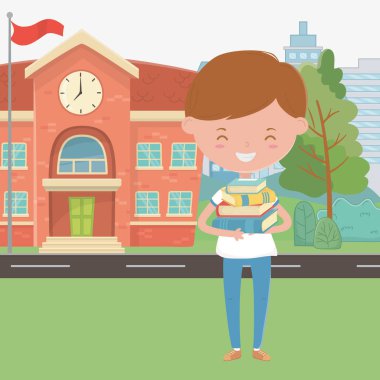 Okul binası ve çocuk karikatür tasarımı