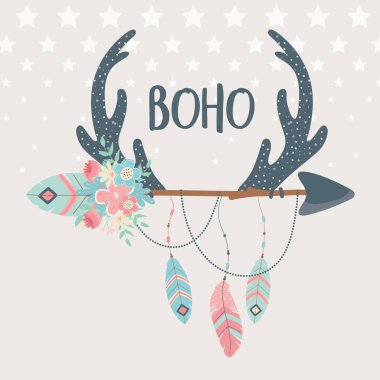 deer horns with flowers ,feathers and arrows boho style