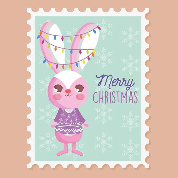 Rabbit with lights tangled in the ears merry christmas stamp — Vector de stock