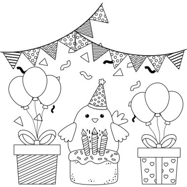 Doğum günü simgesi tasarımlı tavuk çizgi filmi.