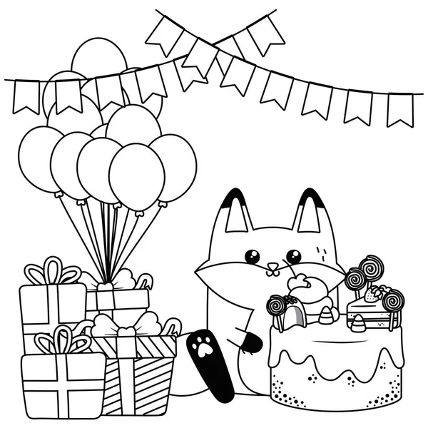 Raposa Kawaii com design feliz bolo de aniversário —  Vetores de Stock