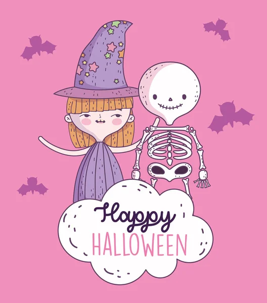 Happy halloween celebration girl with hat witch and skeleton — Vector de stock