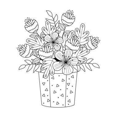 Saksı vektör tasarımında çiçekler ve yapraklar