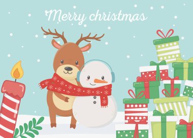 bear and snowman with scarf gifts celebration merry christmas poster
