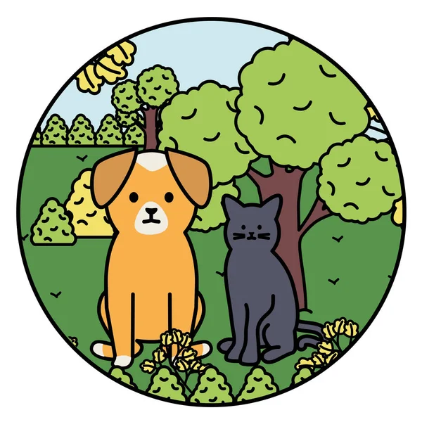 Cute cat and dog mascots in the landscape — стоковый вектор