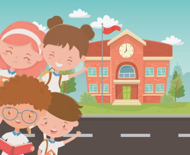 school building with kids in the landscape scene
