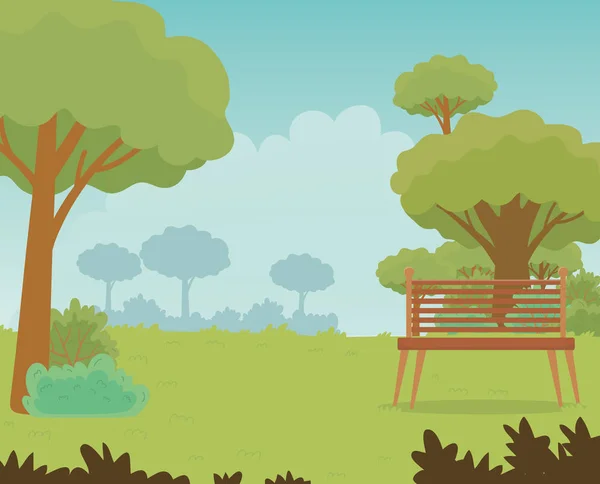Beautiful park with trees and chairs landscape scene vector illustration — ストックベクタ