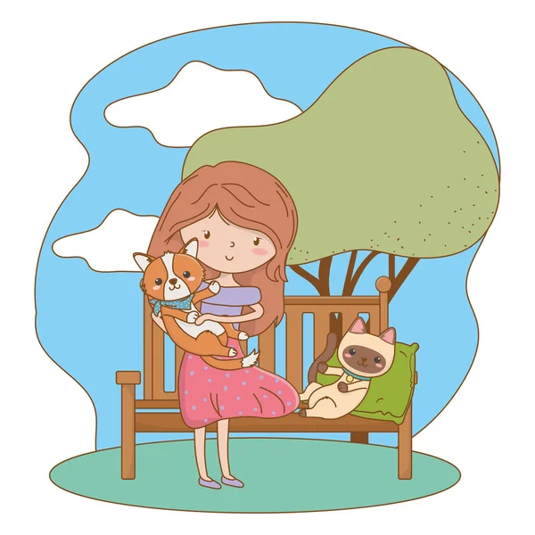 女孩与猫和狗卡通设计 — 图库矢量图片
