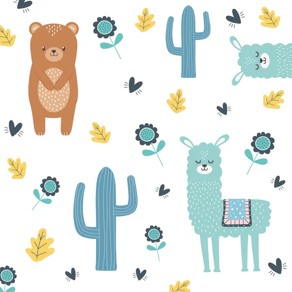 Bear and llama 만화 설계 벡터 삽화 — 스톡 벡터