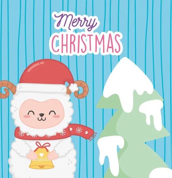 Cute sheep with star and tree merry christmas — Stockvektor