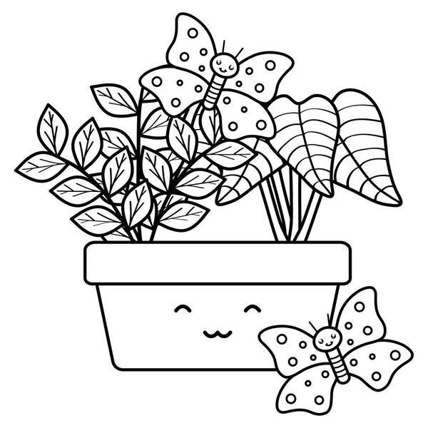 House plant in ceramic pot with butterflies kawaii style — Vector de stock