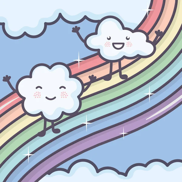 Nuages ciel avec caractères kawaii du temps de l'arc-en-ciel — Image vectorielle