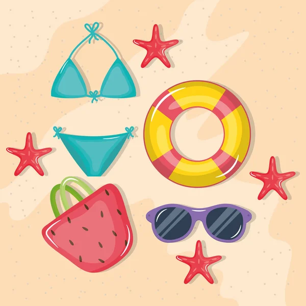 Summer holiday poster with bikini and icons —  Vetores de Stock