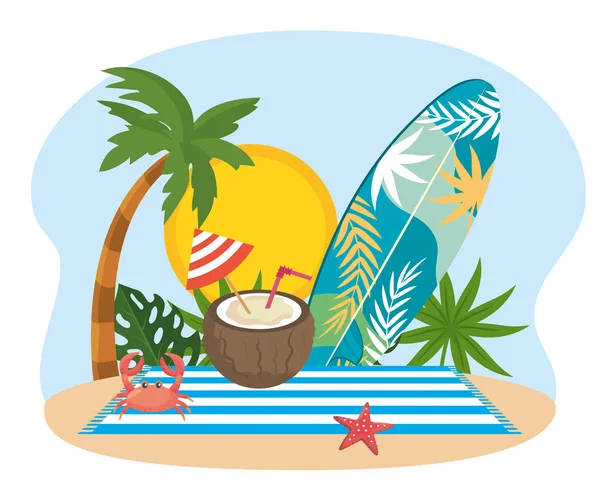 Sun with palm tree and surfboard with leaves plants — Vetor de Stock