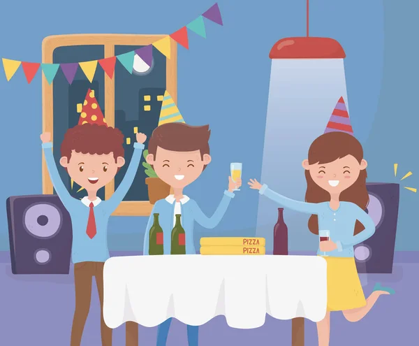 Happy people enjoy music listen with beverage celebration party — Stockvector