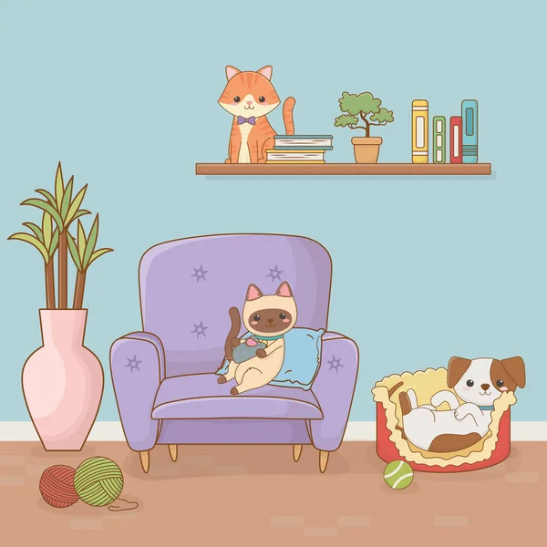 Маленькие талисманы собак и кошек в комнате дома — стоковый вектор